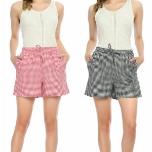 Cotton Checked Lounge Shorts for Women – (Combo :  Black-Pink)