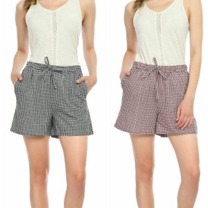 Cotton Checked Lounge Shorts for Women – (Combo :  Black-Maroon)